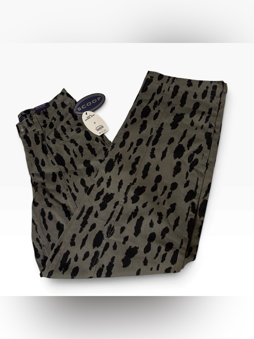 Scoop Women’s Olive Green Barrel Jeans with Black Leopard Print